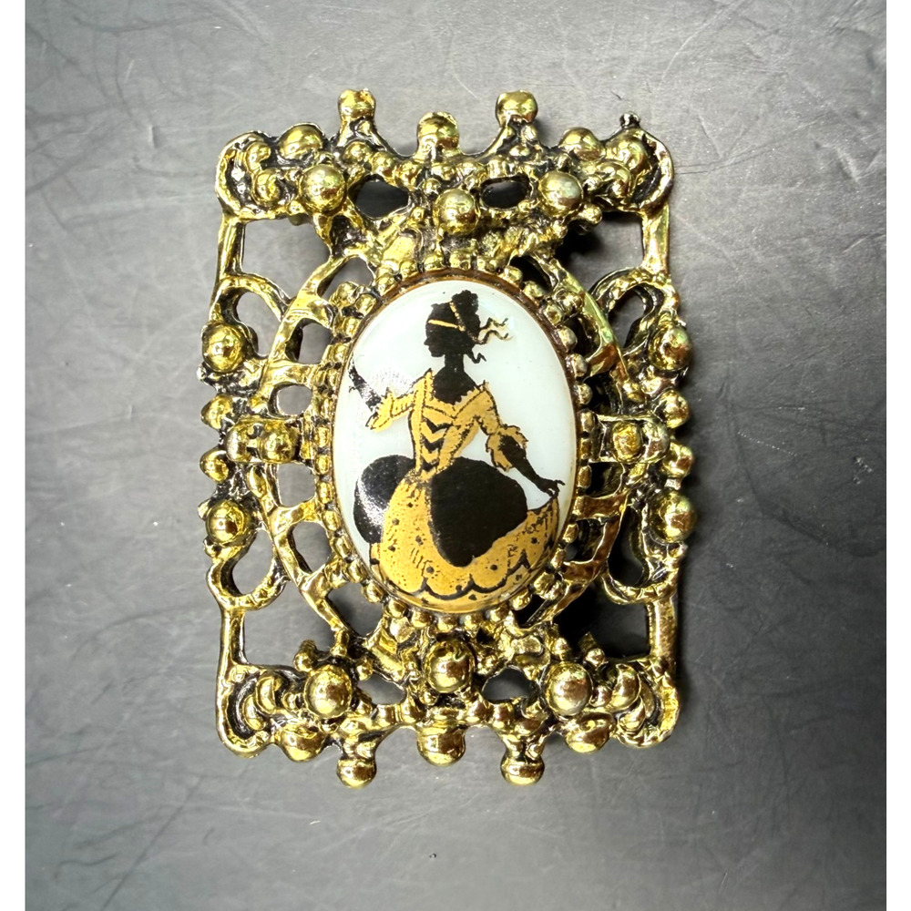 Vintage Victorian Style Lady Silhouette Brooch Reverse Painted Glass Gold Tone